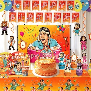 May include: A birthday party decoration set featuring orange and yellow banners with the text HAPPY BIRTHDAY, a large backdrop with a cartoon character, a round orange cake with a topper, paper plates, cups, and cupcake toppers with characters.