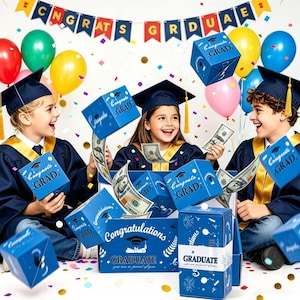 May include: Three children in graduation attire celebrate with blue boxes labeled "Congrats GRAD" and money. A banner reads "CONGRATS GRADUAE". Colorful balloons and confetti add to the festive graduation theme.