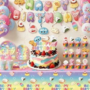 Może przedstawiać: Zestaw na przyjęcie urodzinowe zawierający tort z pastelowym lukrem, kawałkami czekolady i truskawkami, zwieńczony napisem Happy Birthday. Zawiera tęczowe talerzyki, kubeczki, serwetki, obrus, balony oraz ozdoby na babeczki z motywami jedzenia.