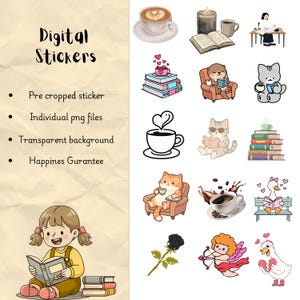 Könnte beinhalten: Digitale Aufkleber mit Illustrationen von Kaffeetassen, Büchern und Katzen. Der Text auf der linken Seite lautet "Digital Stickers", "Pre cropped sticker", "Individual png files", "Transparent background" und "Happines Gurantee".