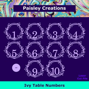 Puede incluir: Un conjunto de números de mesa de hiedra cortados con láser, numerados del 1 al 10, en color lila claro. Cada número está rodeado por una corona de hojas. También aparece el texto "Paisley Creations" y "Ivy Table Numbers".