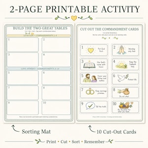 May include: A two-page printable activity sheet featuring a sorting mat titled Build the Two Great Tables and a page titled Cut Out the Commandment Cards. The cards include numbered illustrations and text for ten commandments, designed for cutting and sorting.