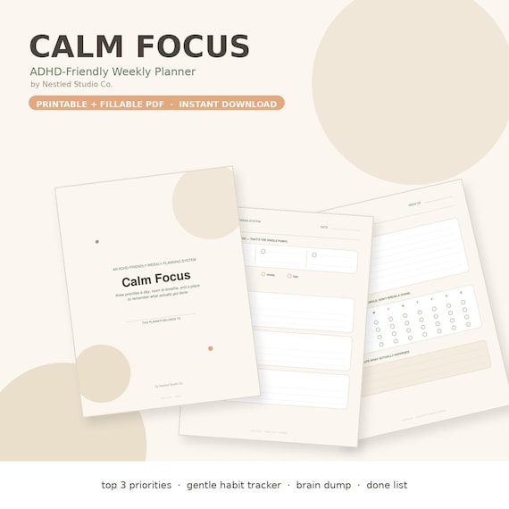 Calm Focus ADHD Planner | Printable + Fillable Weekly Planner PDF | Daily Planner for Adults with ADHD (Instant Download)