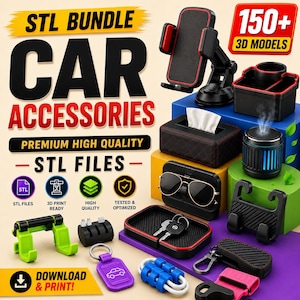 Op de afbeelding: Een verzameling auto-accessoires, waaronder een telefoonhouder, een tissuebox, een zonnebril etui en sleutelhangers. De afbeelding toont de tekst "STL BUNDLE CAR ACCESSORIES" en "DOWNLOAD & PRINT!". De accessoires zijn in verschillende kleuren.