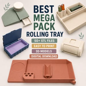 Op de afbeelding: Een collectie van 3D-geprinte rolling tray modellen, waaronder een saliegroene lade, een beige organizer met vakjes voor aanstekers, een blauw met paarse scharnierdoos, een beige rolmachine en een grote terracotta lade met diverse vakken.