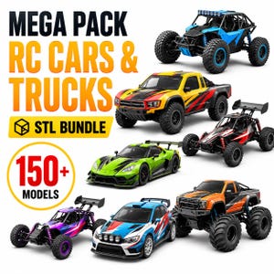 Könnte beinhalten: Eine digitale Sammlung mit dem Titel MEGA PACK RC CARS & TRUCKS STL BUNDLE 150+ MODELS, die verschiedene ferngesteuerte Fahrzeugdesigns zeigt, darunter einen blauen Buggy, einen gelben Pickup, einen roten Rennbuggy, einen grünen Sportwagen, einen lila Buggy, ein Rallyeauto und einen orangefarbenen Monstertruck.