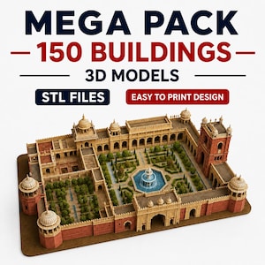 May include: A detailed 3D model of a complex building with a central courtyard and fountain. The model is primarily tan and red, with green trees and a blue fountain. Text at the top reads "MEGA PACK - 150 BUILDINGS - 3D MODELS". Below the text are the words "STL FILES" and "EASY TO PRINT DESIGN".