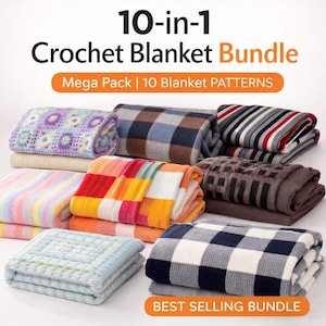 Puede incluir: Una colección de diez mantas de ganchillo plegadas en varios colores y patrones. Las mantas incluyen una mezcla de diseños geométricos, a rayas y florales. El texto de la imagen dice "10-in-1 Crochet Blanket Bundle" y "Best Selling Bundle."