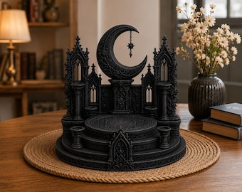 Puede incluir: Un soporte decorativo negro que presenta una luna creciente central con un dije de estrella colgante, flanqueado por dos torres de estilo gótico. La base es circular con escalones y tallas en relieve, incluyendo cuatro portavelas pequeños.