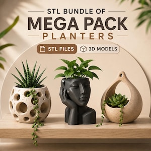 Puede incluir: Imagen de tres macetas únicas, cada una con vegetación. Las macetas tienen varias formas y colores, incluyendo una maceta blanca perforada, un busto negro y un diseño de lágrima beige. El texto dice "STL BUNDLE OF MEGA PACK PLANTERS."