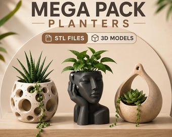 May include: A digital product listing for an STL bundle of mega pack planters featuring 3D models. Three distinct planters are displayed: a beige spherical planter with circular cutouts, a dark gray human head planter, and a beige teardrop-shaped planter.