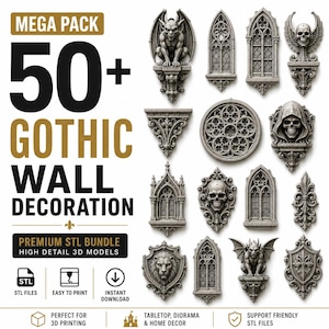 Könnte beinhalten: Eine digitale Sammlung von über 50 3D-Modellen für gotische Wanddekorationen mit grauen Steintexturen, darunter Wasserspeier, Totenköpfe, Spitzbogenfenster und verzierte Schilde. Der Text lautet MEGA PACK 50+ GOTHIC WALL DECORATION PREMIUM STL BUNDLE.