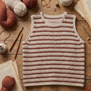 Puede incluir: Un chaleco de ganchillo a rayas crema y marrón. La parte superior sin mangas está hecha a mano con rayas horizontales. La imagen también muestra hilo, ganchos de ganchillo y otros suministros de artesanía sobre una superficie de madera.