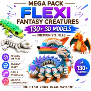 130 Flexi Fantasy Creatures STL Bundle | Gelenkdrache STL-Dateien | Print in Place 3D-Druck Fantasietiere | Sofort Download