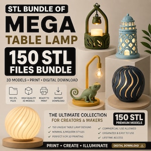 May include: A digital bundle of 150 STL files for 3D printable table lamps. The image displays various lamp designs including a green hanging lantern, a blue lighthouse, a yellow chameleon lamp, and two spherical lamps with swirling patterns.