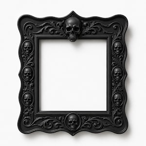 May include: A square black picture frame featuring an ornate, scalloped border decorated with intricate scrollwork and six sculpted human skulls positioned at the top, bottom, and along the sides of the frame, surrounding a central white space.