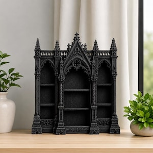 Bokhylla med gotisk katedral i STL-format, 3MF bokhylla i 3D-utskriftsfil, medeltida biblioteksdekor, dockskåpsmöbler med mörk fantasi