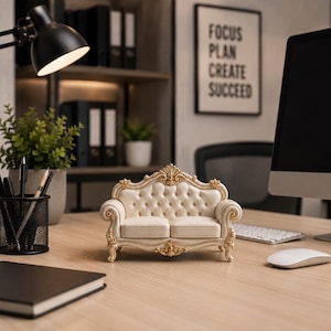 May include: A miniature cream-colored loveseat featuring a tufted backrest with gold-toned accents along the frame, carved wooden legs, and ornate detailing on the top crest and base, displayed as a decorative desktop ornament.