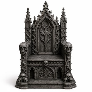 May include: A dark gray stone-textured throne featuring intricate gothic architectural details, including pointed arches and carved vine motifs. The structure is adorned with multiple human skull carvings on the armrests and base.