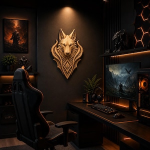 Puede incluir: Una placa de pared de madera tallada con forma de cabeza de lobo y detalles ornamentales, montada en una pared oscura en una sala de juegos. La habitación cuenta con una silla ergonómica negra, un monitor de computadora, teclado e iluminación naranja.