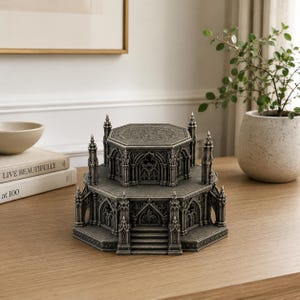Gotisch paviljoen STL-bestand, 3D-printmodel van een gotisch displayplatform, donker fantasie tafelbladterrein, direct te downloaden