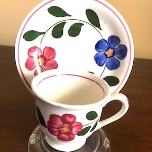 May include: A white teacup and saucer set with a floral design. The cup and saucer are decorated with pink, blue, and green flowers and leaves.