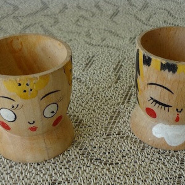 Vintage Eggcups - Set of Wooden Eggcups with Painted Faces, Made in Japan