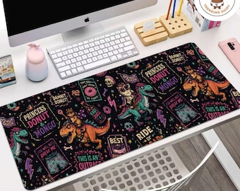 Donut and Mongo Gaming Desk Pad, Princess Donut Desk Mat, Dinosaur Gamer Mouse Pad, Dungeon Crawler Carl Fan Art,Funny Dino Cat Office Decor