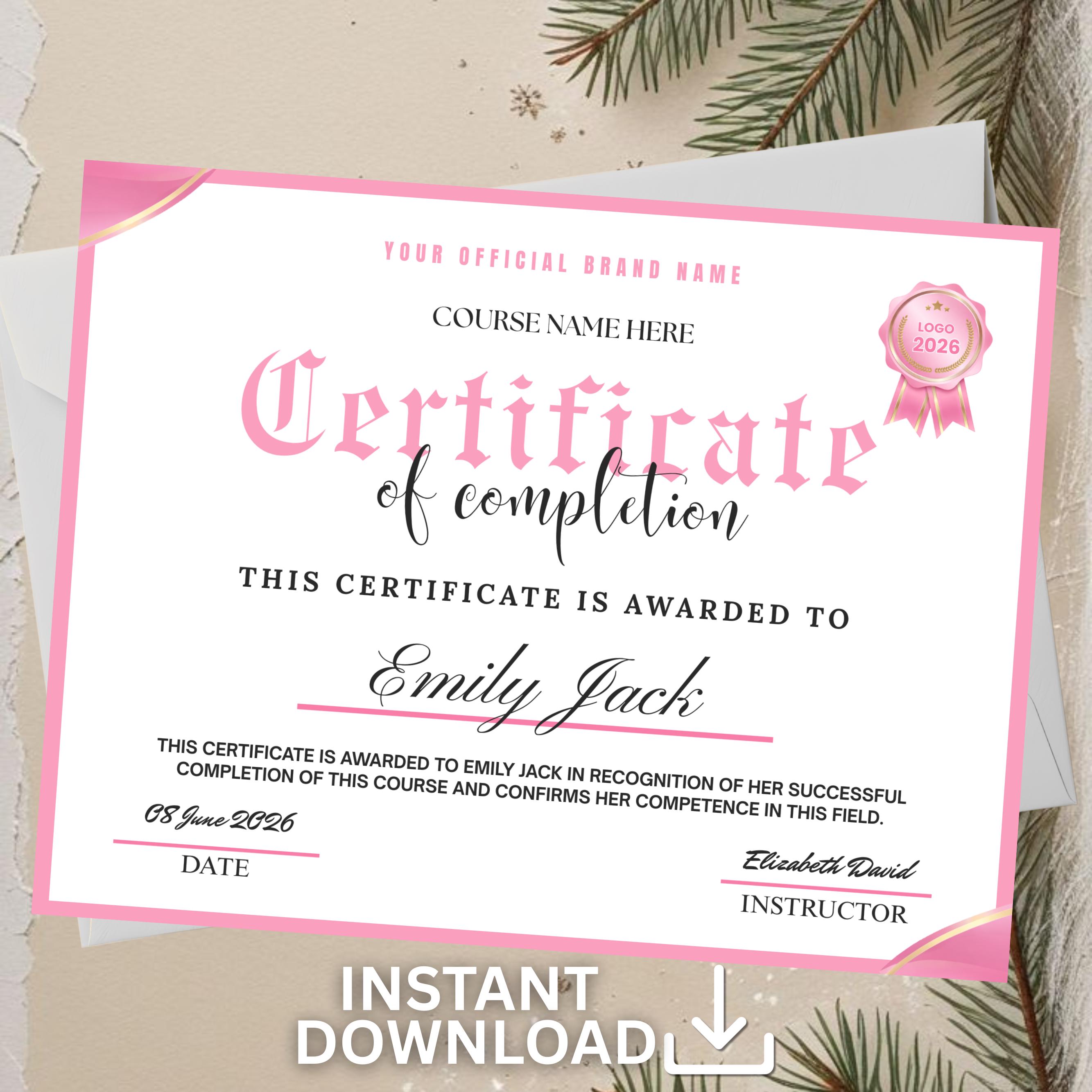 Pink Certificate of Completion Template, Editable Canva Award (instant ...