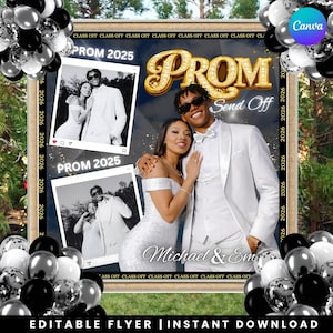Puede incluir: Un folleto promocional para una despedida de graduación, con una pareja vestida formalmente. El diseño incluye la palabra "PROM" en letras doradas, fotos y los nombres "Michael & Em". El folleto está rodeado de globos negros, blancos y plateados.