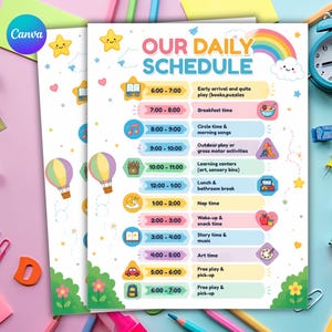 Plantilla editable de horario diario para guardería en Canva / Tabla de rutinas preescolares / Planificador para la educación en casa / Organizador de guardería