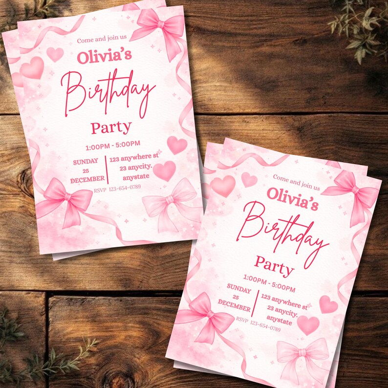 Pink Bow Birthday Invitation Canva, Coquette Birthday Invite, Girly Pink Ribbon Party Invite, Teen Girl, DIY text, Instant download