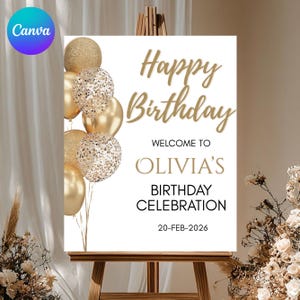 May include: A white sign with gold text reading "Happy Birthday" and "Welcome to Olivia's Birthday Celebration." The sign is supported by a wooden easel and decorated with gold balloons. The date "20-FEB-2026" is also displayed.