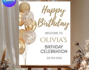 White Gold Birthday Welcome Sign, Modern Canva Template (Digital Download