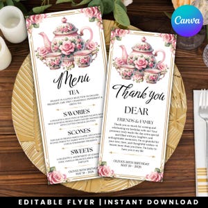 Pode incluir: Conjunto de cartões com tema de festa de chá, incluindo um menu e um cartão de agradecimento. O design apresenta uma chaleira floral rosa e xícaras de chá. O menu lista chá, salgados, scones e doces.