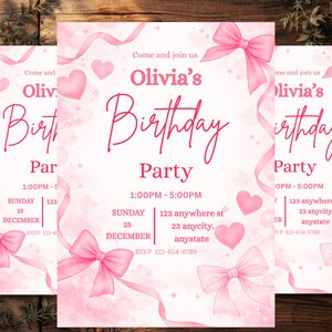 Pink Bow Birthday Invitation Canva, Coquette Birthday Invite, Girly Pink Ribbon Party Invite, Teen Girl, DIY text, Instant download