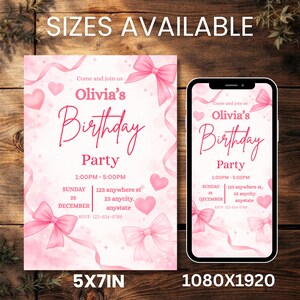Pink Bow Birthday Invitation Canva, Coquette Birthday Invite, Girly Pink Ribbon Party Invite, Teen Girl, DIY text, Instant download
