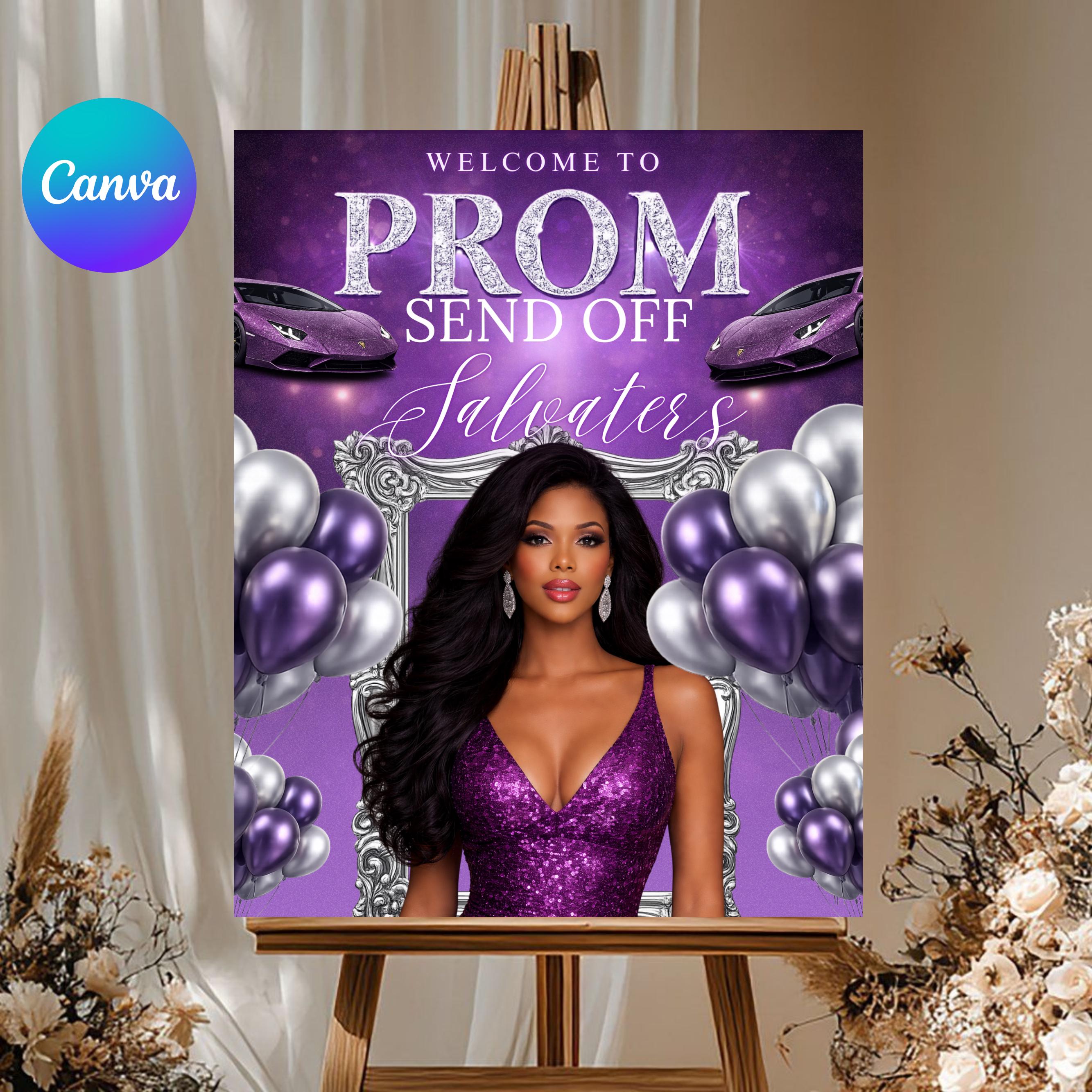 Prom Incoming Sign Purple Silver Prom Send off Welcome Sign Template, Editable Canva Prom ...