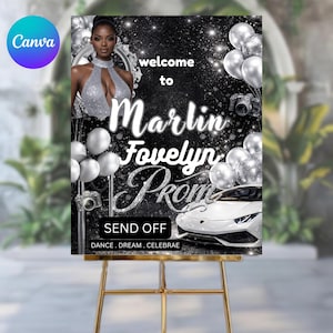 Op de afbeelding: Een zwart-wit promobord met een vrouw in een zilveren jurk, zilveren ballonnen en een witte sportwagen. Het bord leest "Welcome to Marlin Fovelyn Prom" met "Send Off" en "Dance, Dream, Celebrate".