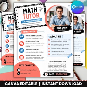 Op de afbeelding: Een digitaal flyertemplate voor een wiskundebijlesdocent met een zwart-witte notitieboekrand, een foto van een man en secties getiteld Math Tutor, What I Offer, About Me en Let's Connect met contactgegevens en een tarief van $50/uur.