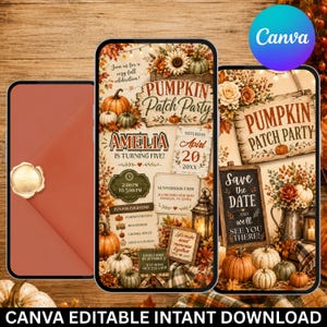 May include: A digital invitation set featuring a pumpkin patch party theme with autumn leaves, sunflowers, and pumpkins. The text includes "Pumpkin Patch Party," "Amelia is turning five," "Saturday April 20," and "Save the Date" on rustic signs.