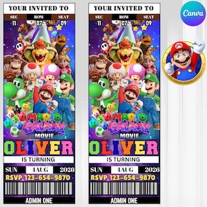 May include: Two custom movie-themed tickets with a colorful design featuring characters from the Mario Galaxy movie. The tickets include the text "YOUR INVITED TO", "MARIO GALAXY MOVIE", and the name "OLIVER". The tickets also include the date, time, and RSVP information.