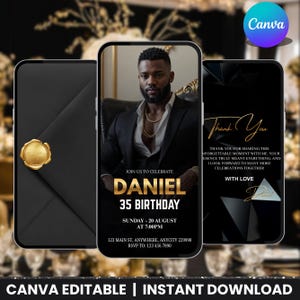 Könnte beinhalten: Schwarzes digitales Einladungsdesign für Daniels 35. Geburtstag, mit einem Foto eines Mannes im Anzug. Die Einladung enthält Eventdetails und eine Dankeskarte. Das Canva-Logo ist sichtbar.