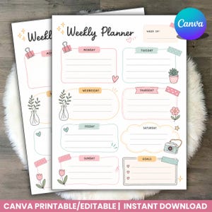 Könnte beinhalten: Eine druckbare Wochenplaner-Vorlage mit dem Text Weekly Planner und Week of. Das Layout enthält Abschnitte von Montag bis Sonntag sowie einen Zielbereich, verziert mit Illustrationen von Pflanzen, Herzen und einer Kamera.