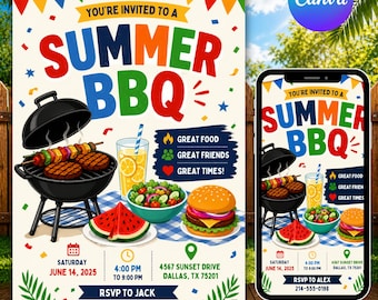 Editable Summer BBQ Invitation Template, Backyard Cookout Party Flyer, Memorial Day BBQ Invite, Summer Picnic Canva Template, BBQ Party