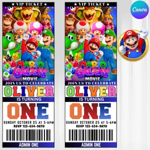 May include: Two colorful VIP tickets featuring characters from the Mario Galaxy movie. The tickets have the text "MARIO GALAXY MOVIE" and "JOIN US TO CELEBRATE OLIVER IS TURNING ONE". The date and time are also included.