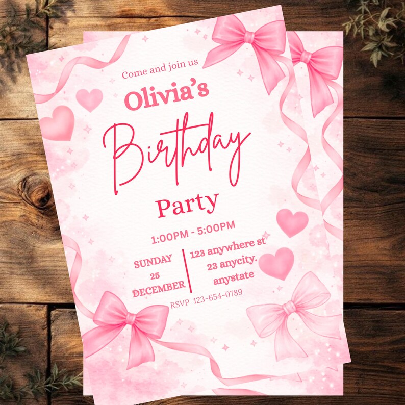 Pink Bow Birthday Invitation Canva, Coquette Birthday Invite, Girly Pink Ribbon Party Invite, Teen Girl, DIY text, Instant download
