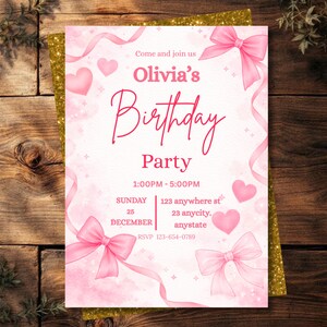 Pink Bow Birthday Invitation Canva, Coquette Birthday Invite, Girly Pink Ribbon Party Invite, Teen Girl, DIY text, Instant download