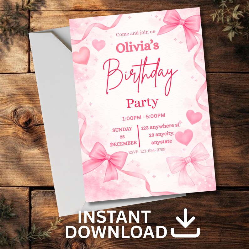 Pink Bow Birthday Invitation Canva, Coquette Birthday Invite, Girly Pink Ribbon Party Invite, Teen Girl, DIY text, Instant download