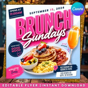 Puede incluir: Un folleto digital para Brunch Sundays el 15 de septiembre de 2024, con una pila de panqueques con bayas, huevos revueltos, tocino y una mimosa. El texto incluye Opens at 11:00AM, Good Food Good Mood, Great Mimosas, Amazing Times y dirección.